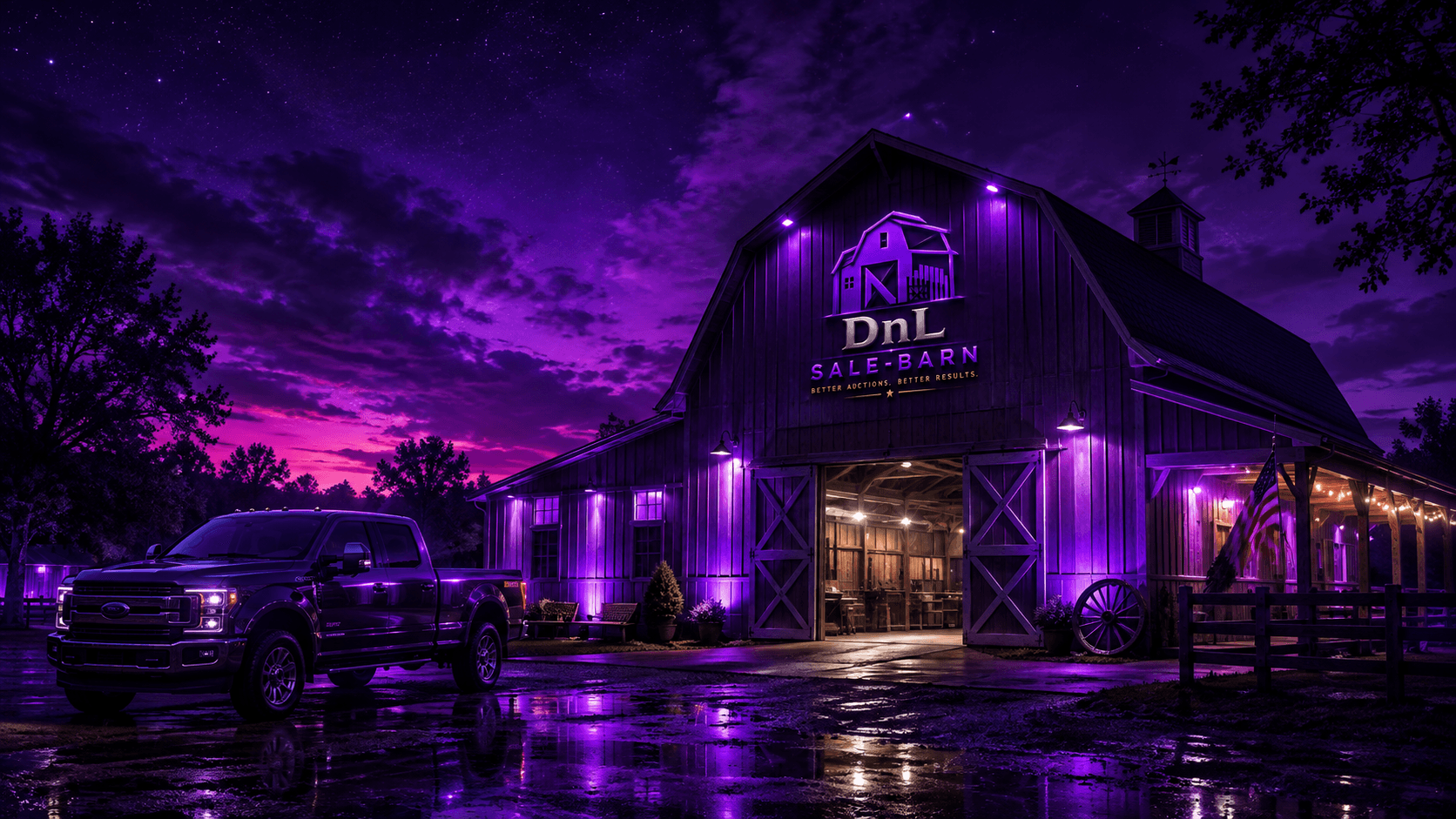 DnL Sale-Barn at night — illuminated barn and truck